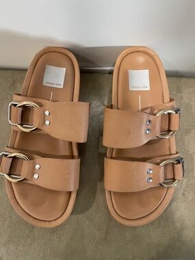 Dolce Vita Camel Leather Double-Buckle Slides with Gold Accents
